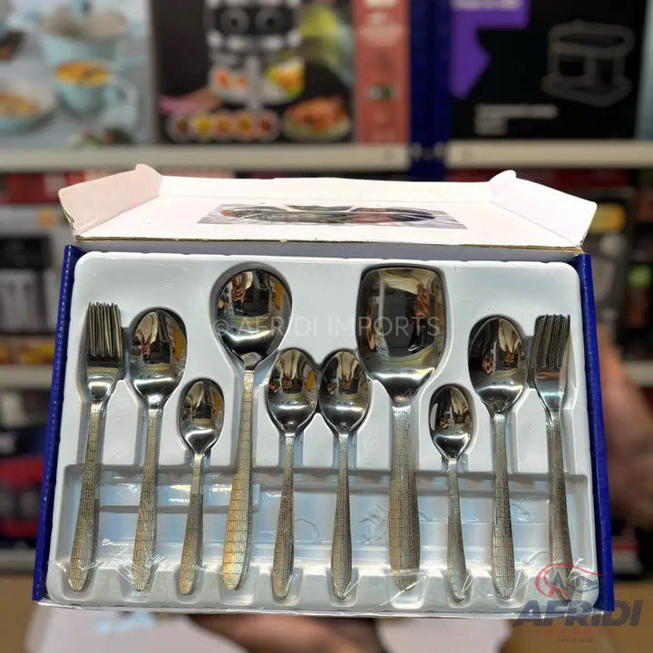 A 10-piece stainless steel cutlery set, including forks and spoons of various sizes.