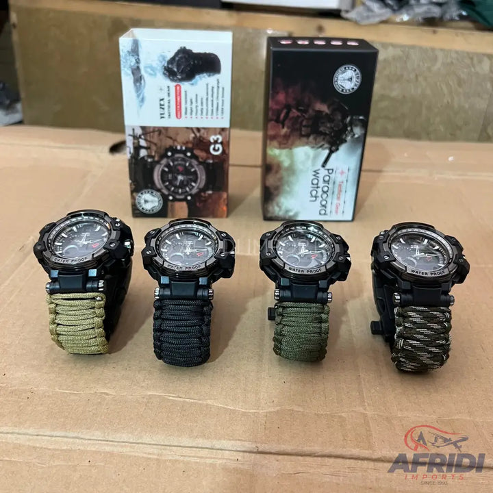 Four tactical paracord watches with black faces and various band colors.