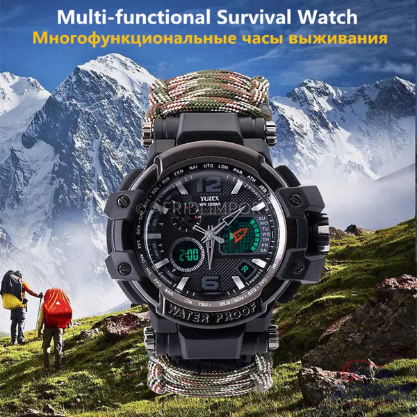 Black multi-functional survival watch with a camouflage paracord strap.
