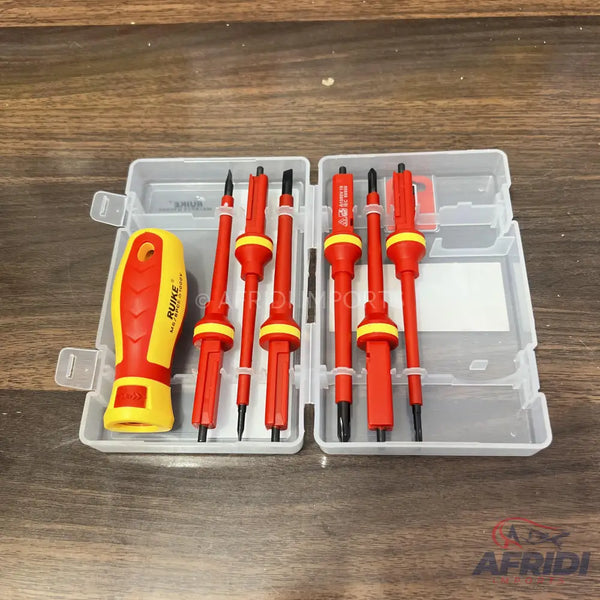 A set of insulated screwdrivers in a protective case.