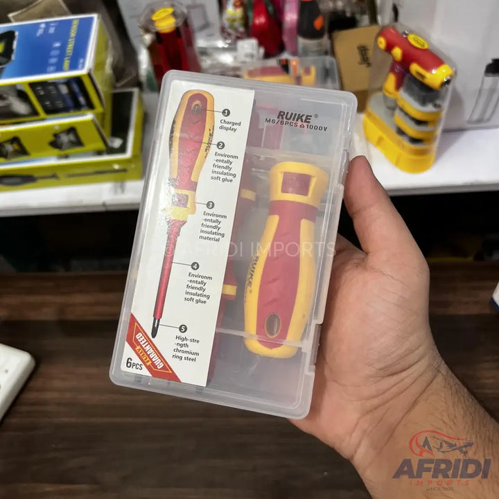 A set of 6 insulated screwdrivers in a clear plastic case.