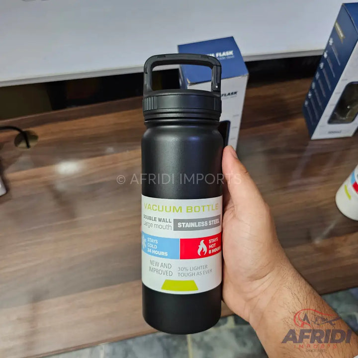 Black double-wall stainless steel vacuum bottle with a large mouth and carrying handle.
