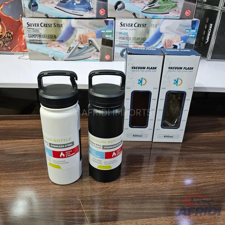 Two insulated stainless steel water bottles with carrying handles.