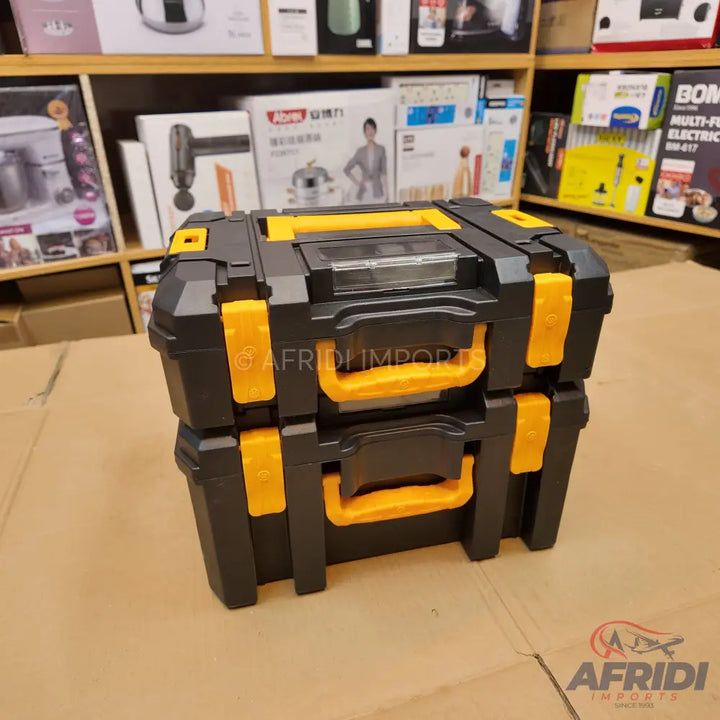 Stackable black and yellow toolboxes.