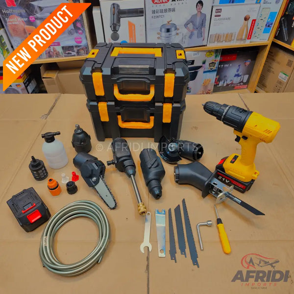 A versatile cordless power tool set with multiple attachments for various tasks.