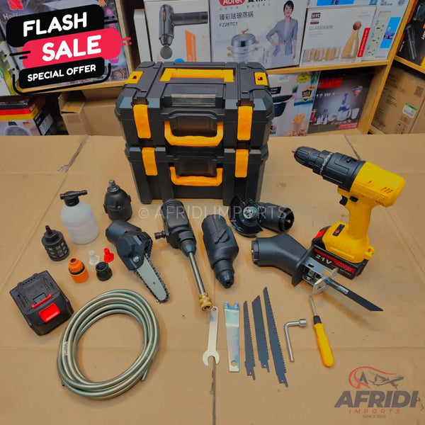 A versatile cordless power tool set with multiple attachments for various tasks.