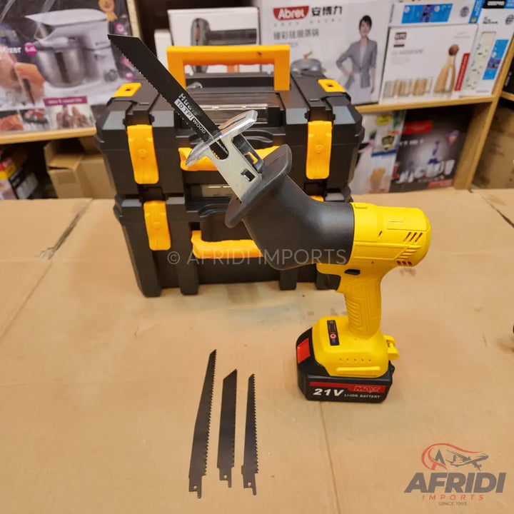Cordless reciprocating saw with a battery and multiple blades, packaged in a tool case.