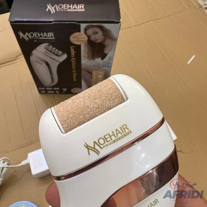 White and rose gold foot file with a textured roller.