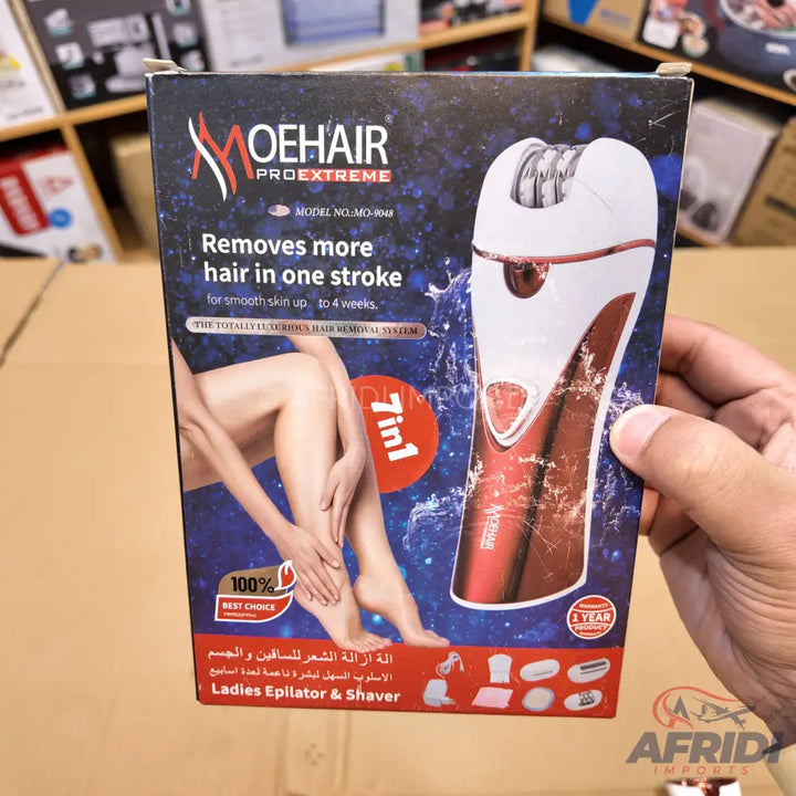 A boxed ’7-in-1’’ epilator and shaver for ladies, promising smooth skin for up to 4 weeks.