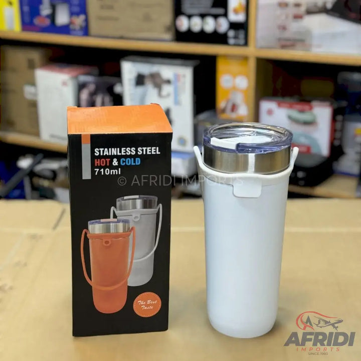 A stainless steel tumbler with a handle, suitable for hot and cold beverages, with a capacity of 710ml.