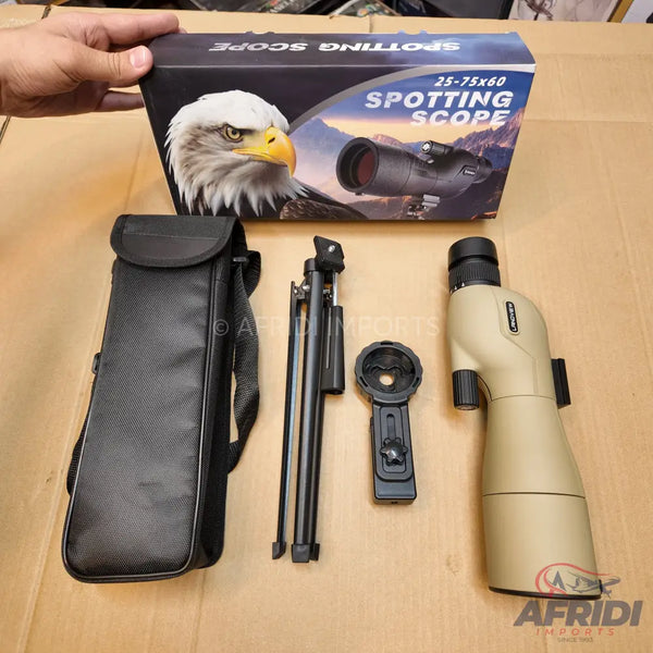 A spotting scope with a tripod, carrying case, and phone adapter.