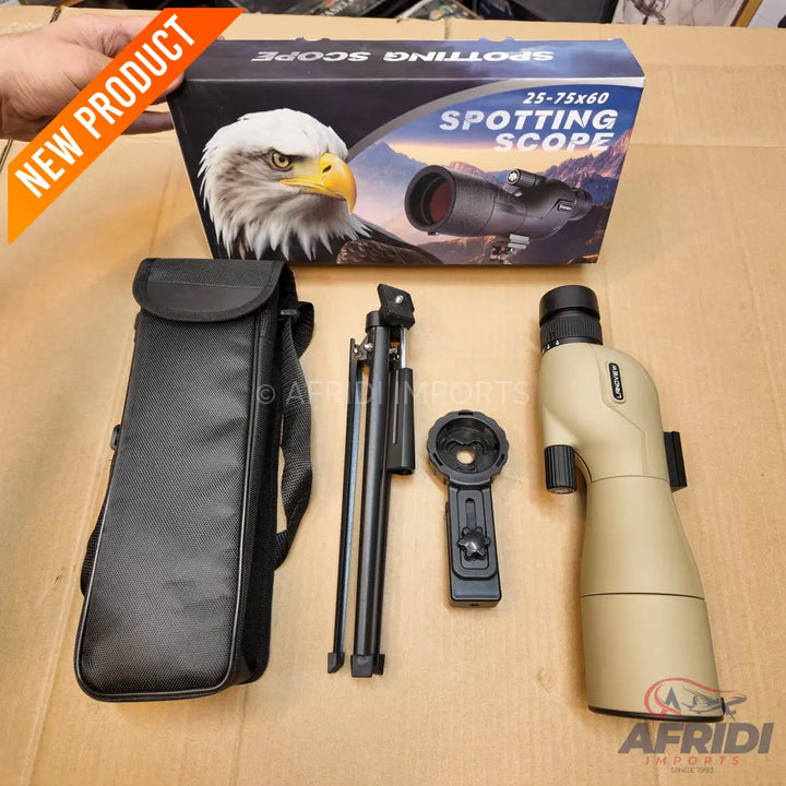 A spotting scope with a tripod, carrying case, and phone adapter.