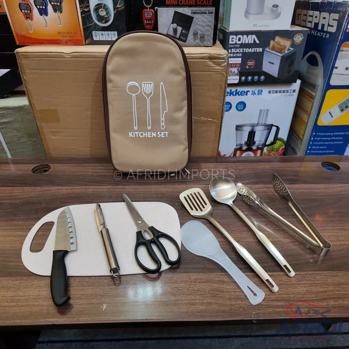 Portable outdoor cooking utensil set.