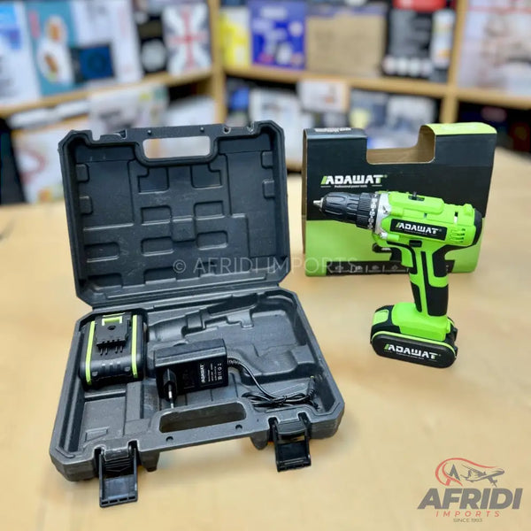A cordless electric drill set in a black plastic case, with an extra battery and charger.