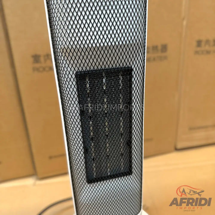 White tower fan with a black mesh grill.