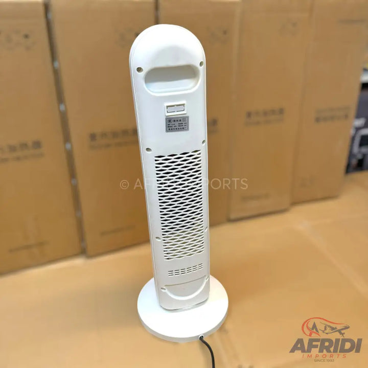 White tower fan or space heater with a rear grill and handle.