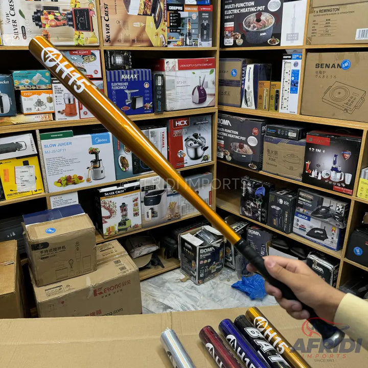 Gold-colored baseball bat with a black handle.