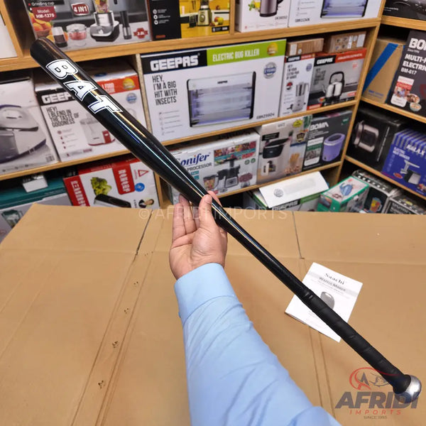 Black baseball bat with a silver end cap and black grip.