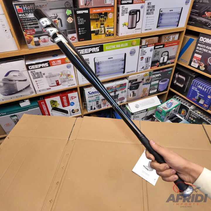 Black metal baseball bat with a white and black grip.