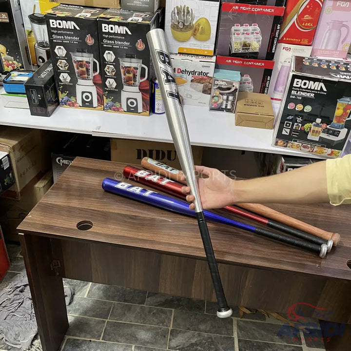 Silver metal baseball bat with a black grip.