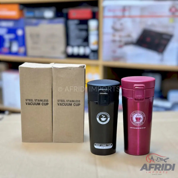 Two stainless steel vacuum cups, one black and one maroon, each with a push-button lid and a coffee-themed design.