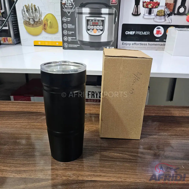 Black insulated tumbler with a clear lid.