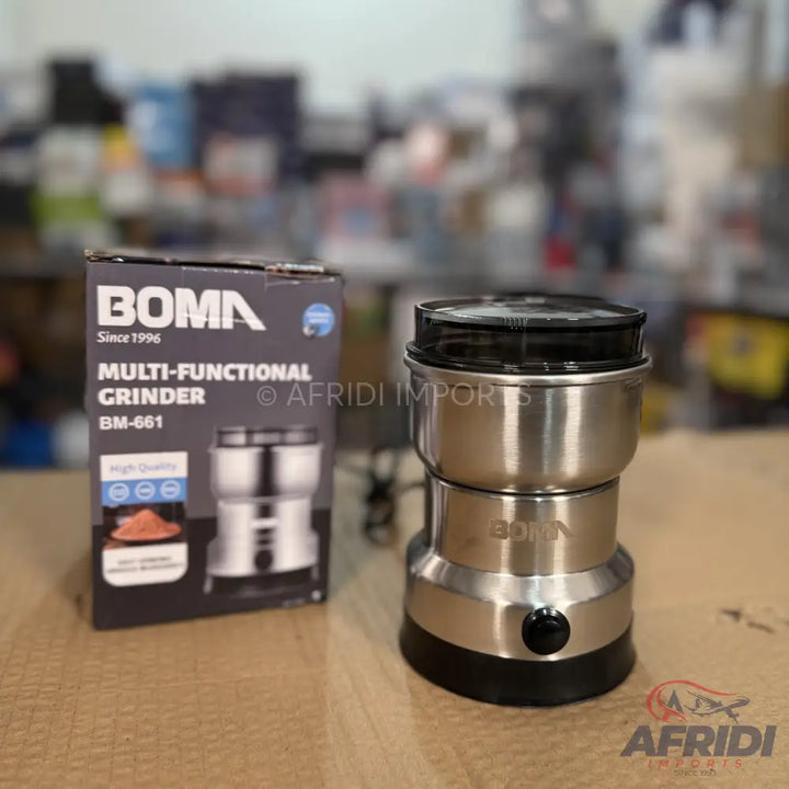 Silver stainless steel multi-functional electric grinder with a black base and lid.
