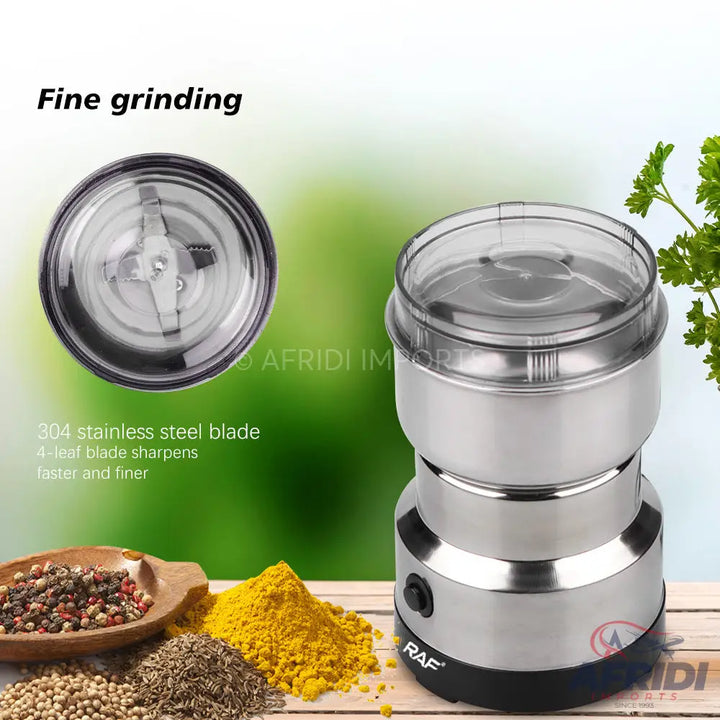 Stainless steel electric spice grinder with a transparent lid and a 4-leaf blade.
