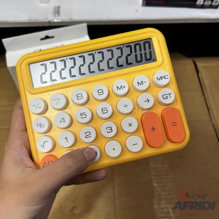 Yellow calculator with rounded buttons and an orange addition and equals key.