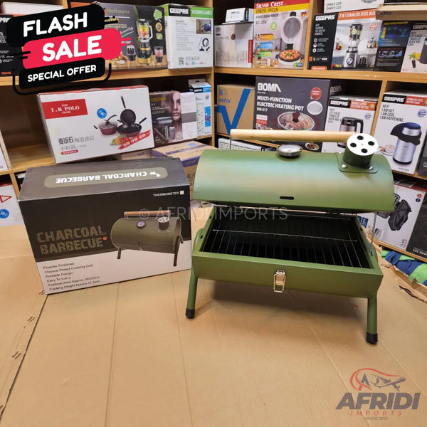 Olive green portable charcoal barbecue grill with a temperature gauge.