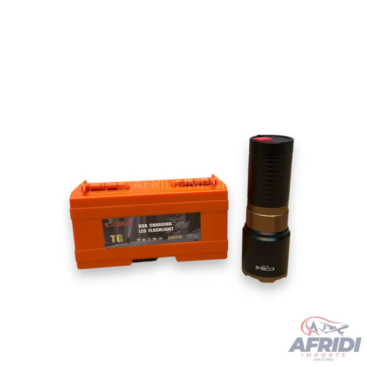 Orange portable LED flashlight with USB charging capabilities.