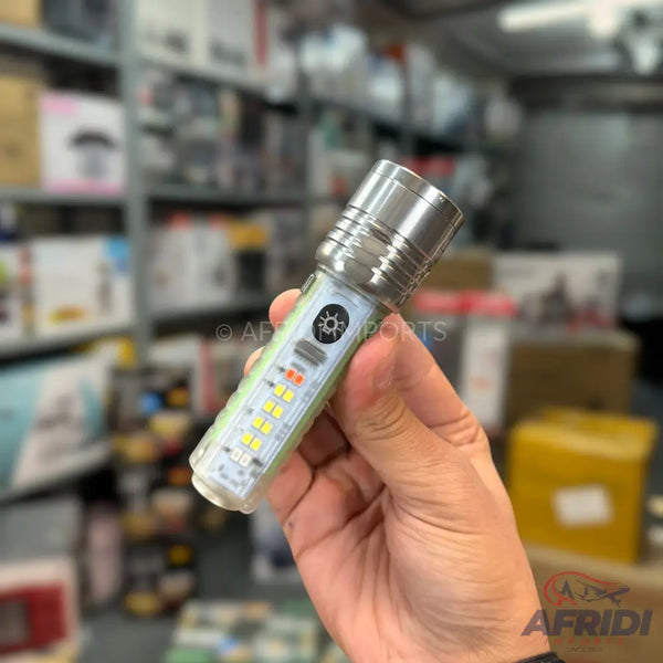 A handheld, rechargeable LED flashlight with multiple light modes.
