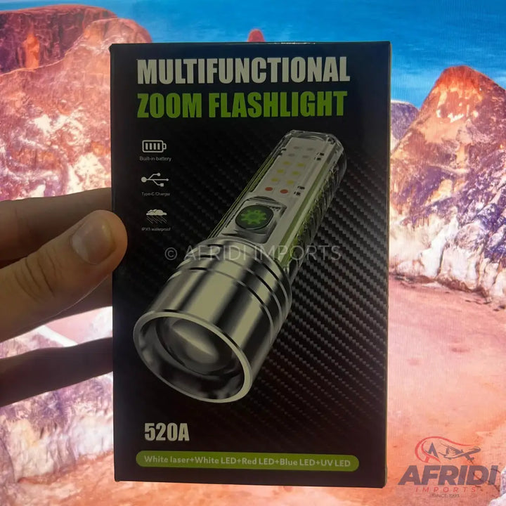 A multifunctional zoom flashlight with multiple LED light options and USB-C charging.