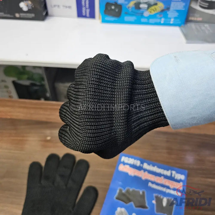 Black knit cut-resistant safety gloves.