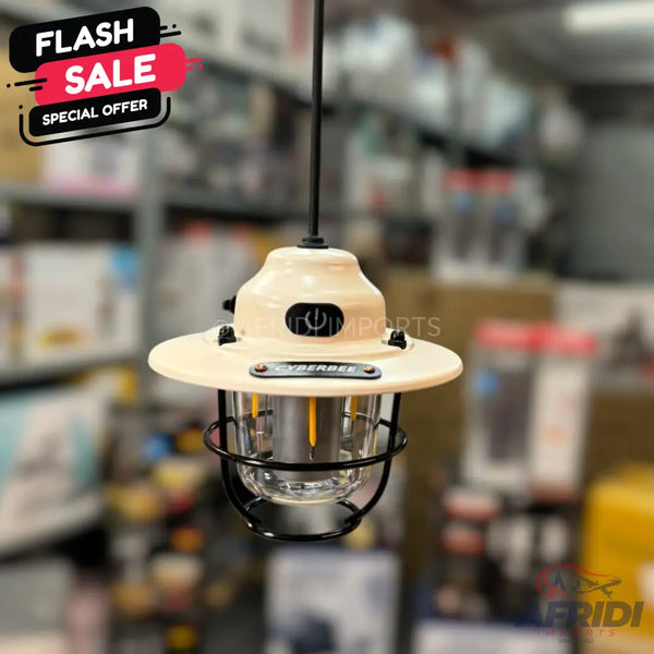Cream-colored hanging lantern with a black metal cage and a clear glass enclosure.