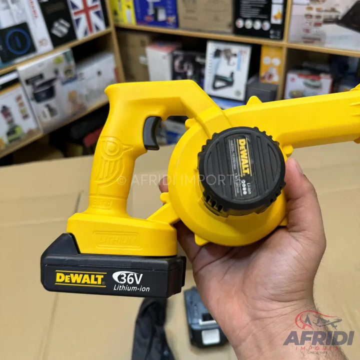 Yellow handheld cordless leaf blower with a 36V lithium-ion battery.
