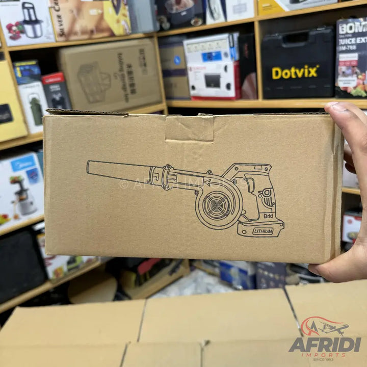 Cardboard box with an outline drawing of a cordless leaf blower.