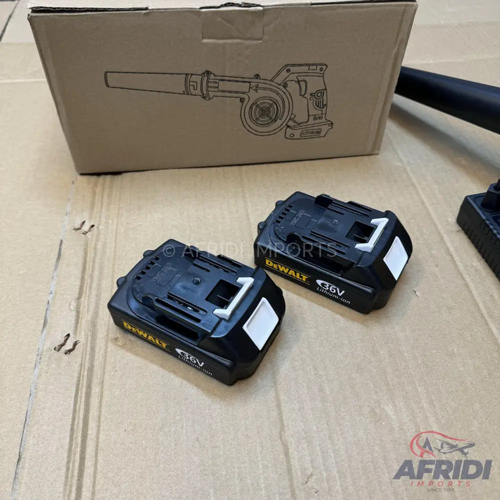 Two black 36V DeWalt lithium-ion batteries.
