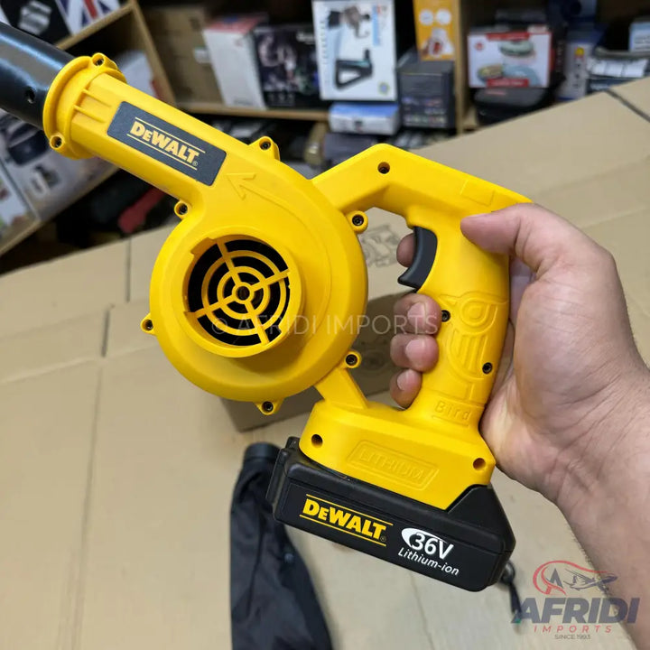 Yellow cordless handheld leaf blower with a black nozzle and a 36V lithium-ion battery.