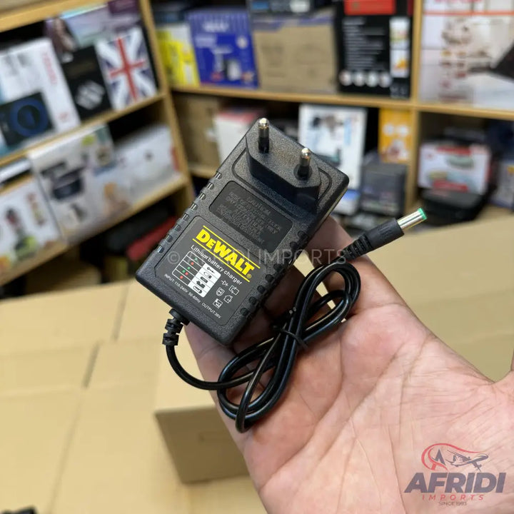 Black DeWalt-branded lithium battery charger with a two-prong European plug and a DC barrel connector.