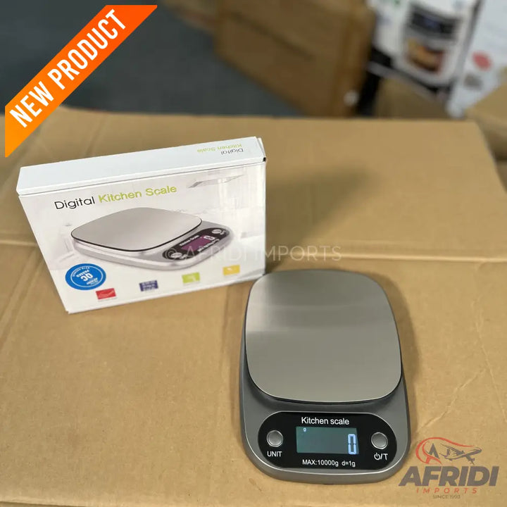 Silver and gray digital kitchen scale with a display and buttons.