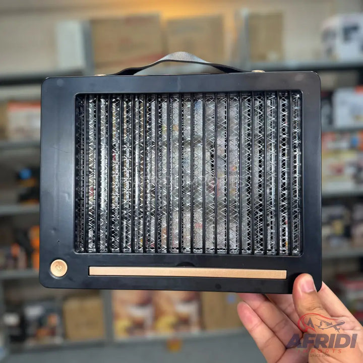 Portable black rectangular electric insect killer with a carry handle, a metallic grid, and a light-colored tray.