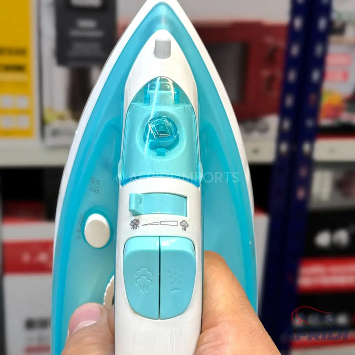 White and light blue steam iron with adjustable settings and water reservoir.