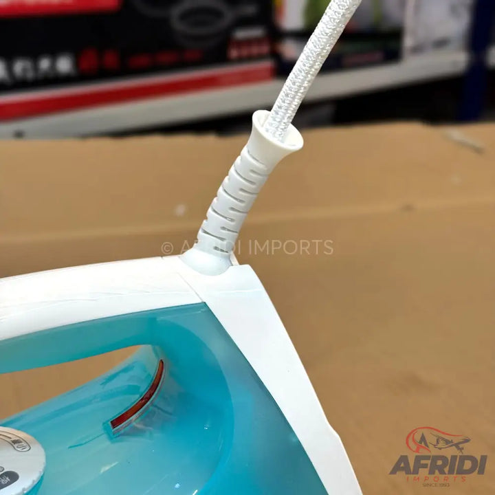 A light blue and white steam iron with a braided power cord, featuring a clear water tank.