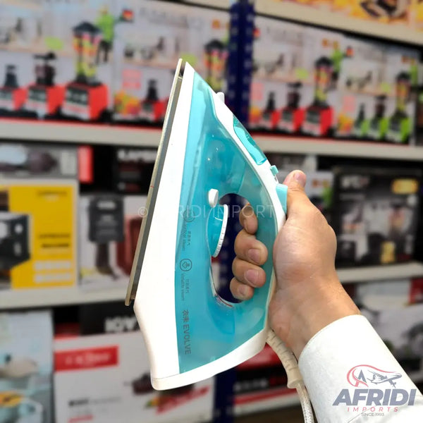 A turquoise and white steam iron with a white power cord.