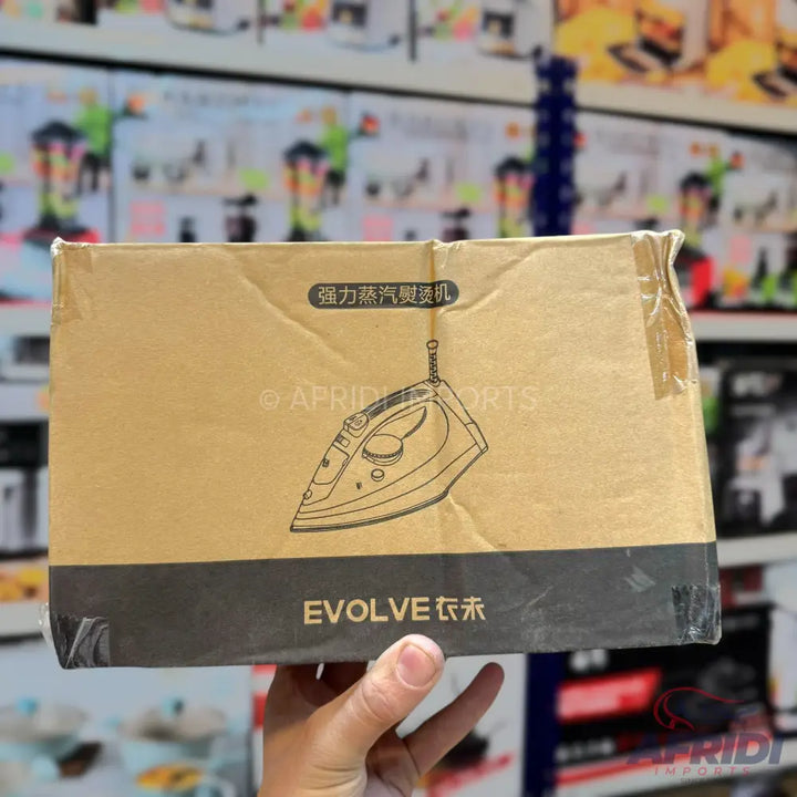 Cardboard box containing a steam iron, with an illustration of the iron and ’EVOLVE’ in English and Chinese on the front.