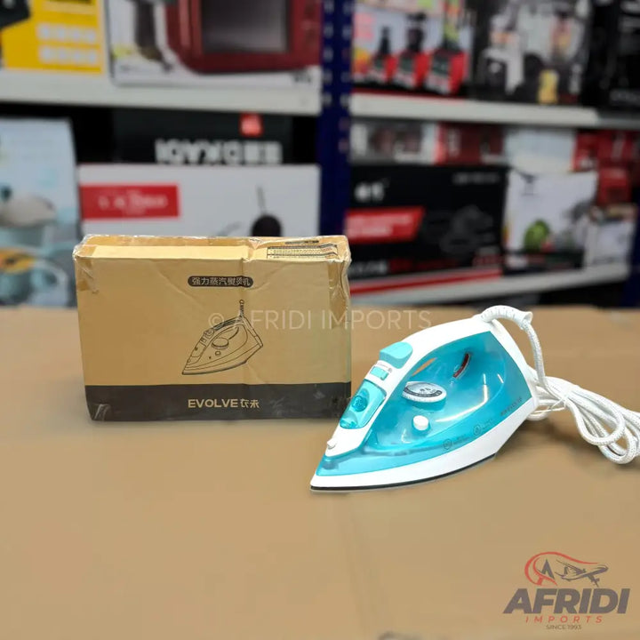 A blue and white electric steam iron with a white power cord.