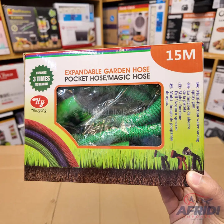 An expandable garden hose, 15 meters in length, that expands 3 times its length and comes with a multi-function water-saving spray gun.