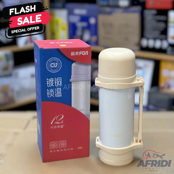 A beige and white 1.8L insulated thermos bottle in its blue and red packaging.