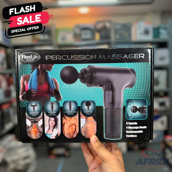 A percussion massage gun with four interchangeable heads, six speeds, and a rechargeable cordless design.